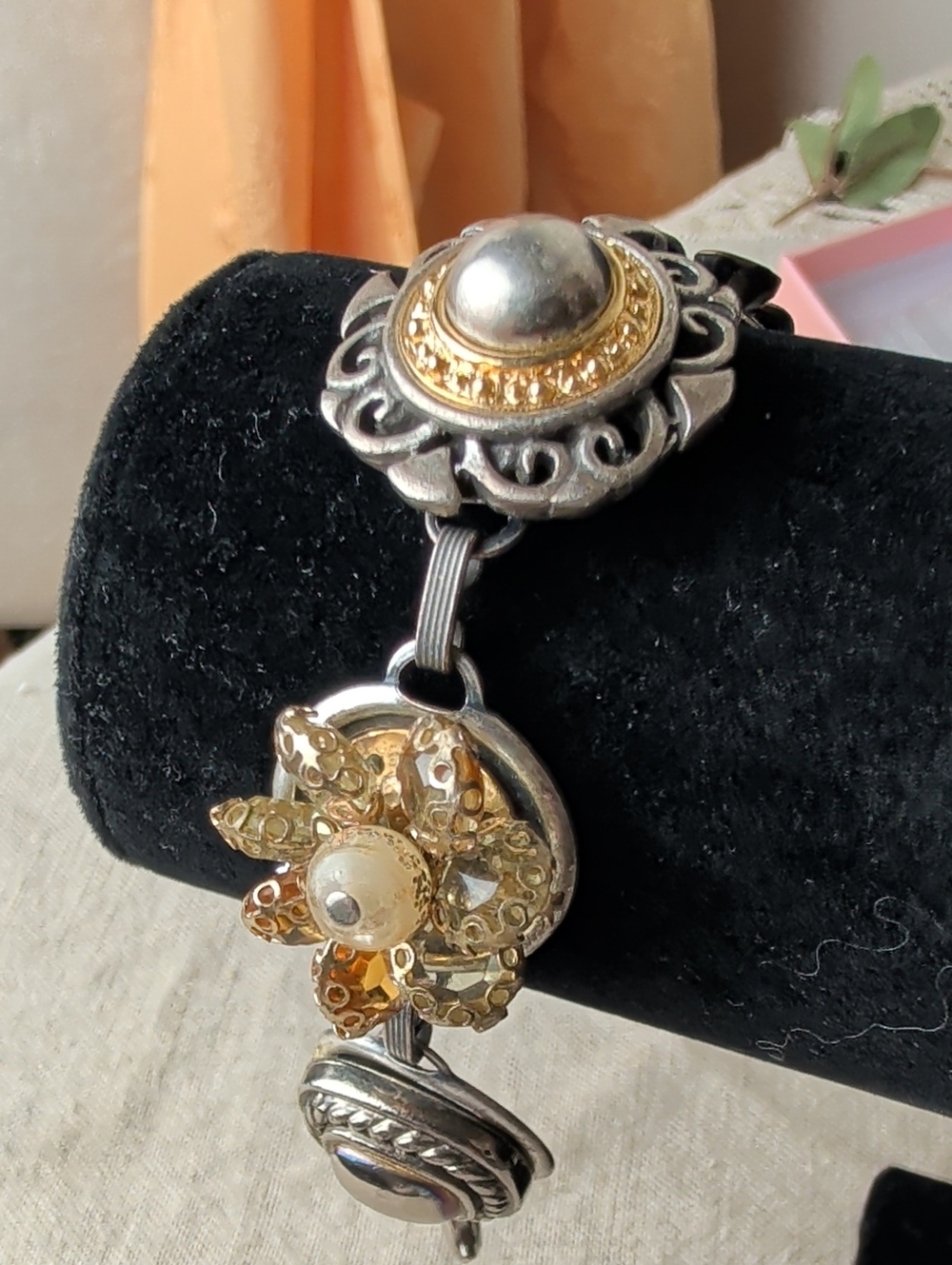 Vintage Artisan Assemblage Bracelet Mixed Metal Wearable Art Boho Luxe